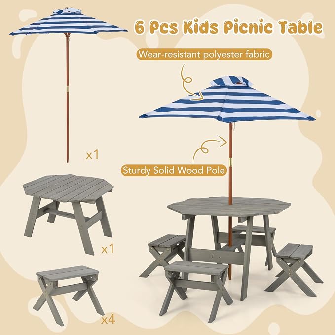 HONEY JOY Kids Picnic Table, Fir Wood Octagon Table & 4 Stool Set, Stripe Fabric Umbrella, Toddler Picnic Table for Outdoors, Children Backyard Furniture for Patio Garden(Gray)