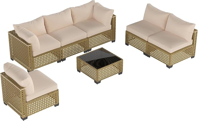 Patio Furniture Set, 7-Piece Outdoor Sectional Couch with Coffee Table & Thick Cushions, Outdoor Wicker Conversation Set for Backyard, Poolside, Garden (Yellow-White, 7 Piece-Single)