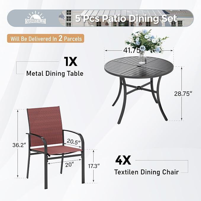SUNSHINE VALLEY 5 Piece Patio Dining Set for 4, 42" x 42" Round Metal Table with Umbrella Hole and 4 Red Chairs, Outdoor Table and Chairs Set for Lawn Backyard and Deck