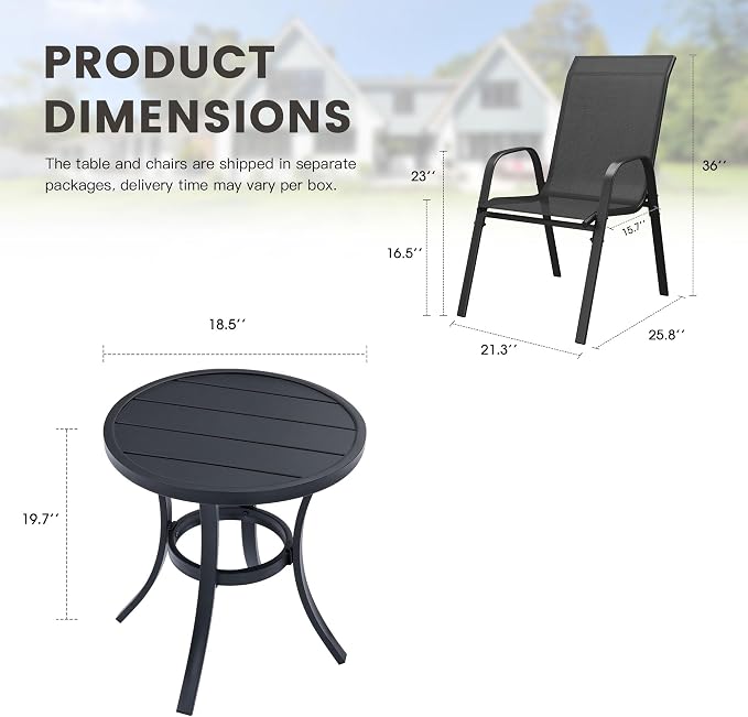 3 Pieces Small Outdoor Dining Set, 18.5" Round Outdoor Side Table & Stackable Patio Dining Chairs, Patio Table and Chairs Set for Deck Garden Porch, Black Chairs & Black Table