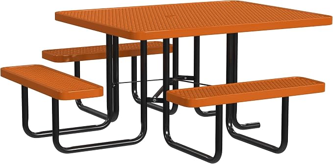 Leisure Craft Metal Picnic Table with Bench - 46" Square Outdoor Dining Table with Umbrella Hole, Heavy Duty Thermoplastic Coating, ADA Compliant, Commercial Grade Furniture Made in USA - Orange