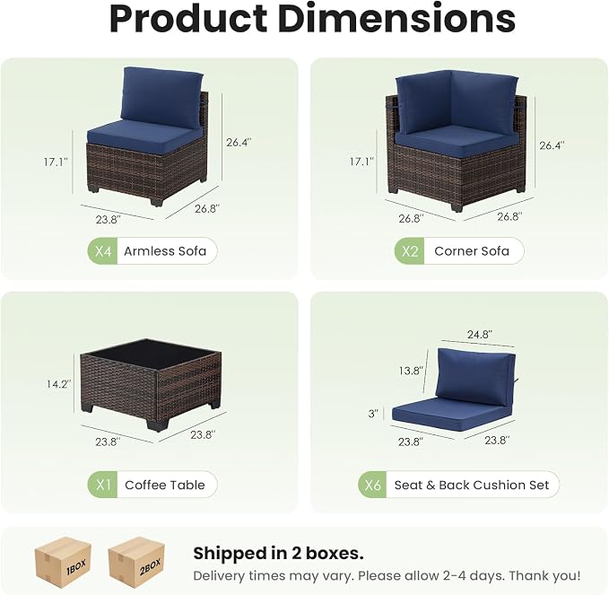 Soohow 7-Piece Patio Furniture Set, Outdoor Conversation Set, Thickened All-Weather Rattan Sectional Sofa with Tempered Glass Table for Garden, Porch, Backyard - Navy Cushions