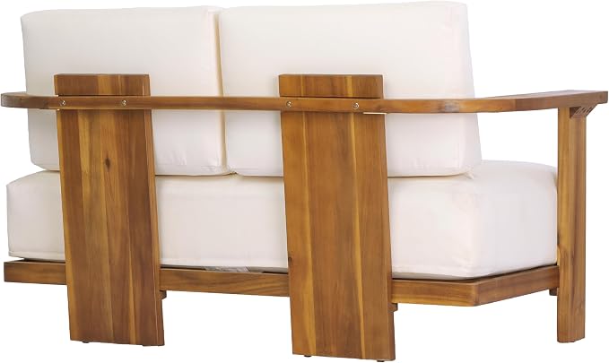Christopher Knight Home Stella Acacia Wood 4 Piece Patio Furniture Set, Wooden Patio Conversation Set with Club Chair+Coffee Table, 4-Seater Outdoor Loveseat Sofa + Armchair and Table Set, Teak+Beige
