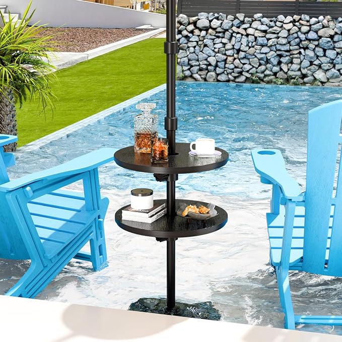 Patio Umbrella Table Tray with 1.5" Hole, Plastic Outdoor Side Table with Adjustable Knob, All-Weather, for Poolside, Backyard, Deck, 2pcs, Beige