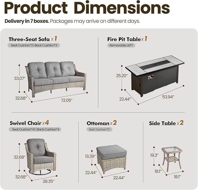 10 Piece Patio Furniture Set with Fire Pit Table, Outdoor Wicker High Back Sofa and Swivel Rocker Chairs Set of 4 with Ottoman, Large Conversation Sets for Backyard Deck Garden, Dark Gray