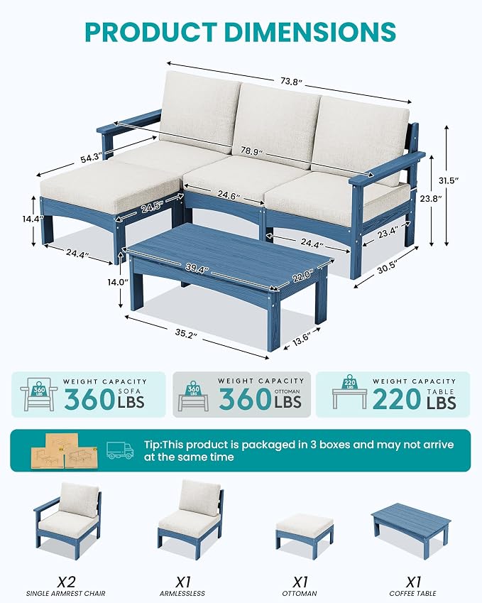 SERWALL 5-Piece Patio Sofas, All-Weather HDPE Outdoor Sectional Sofa with Cushions and Coffee Table, Large Modular Patio Conversation Set for Garden, Lawn, Deck, Porch, Blue Frame with Khaki Cushion