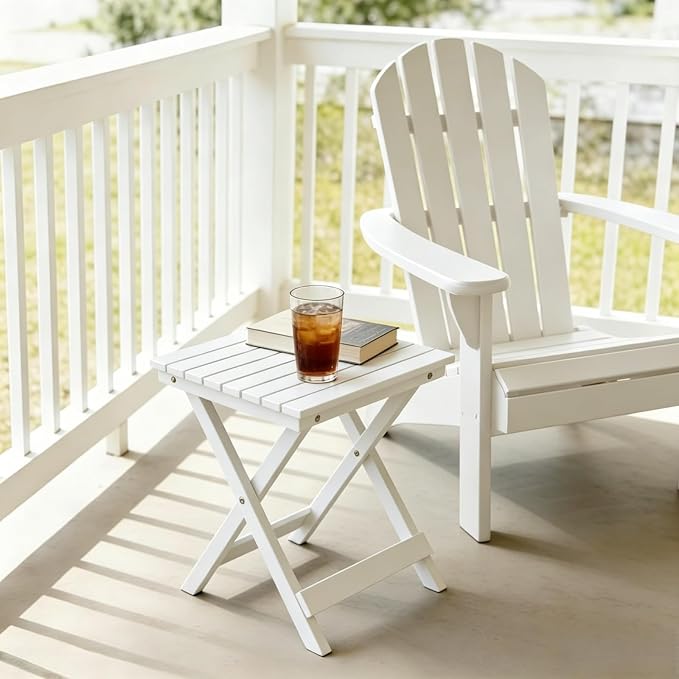 Outdoor Small Table Square Folding Wooden Patio Side Table Furniture Table for Adirondack Chair, Balcony, Porch, No Assembly Required, White