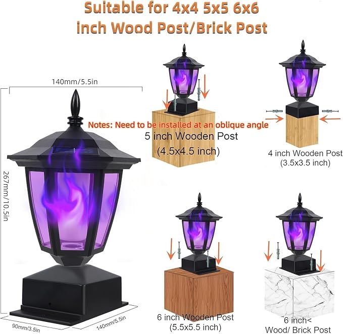 Dynaming Solar Flame Post Cap Lights Outdoor, Halloween Flickering Purple Flame Post Lights, Solar Powered LED Lantern Waterproof for Garden Deck Fence Patio, Fit 4x4, 5x5 or 6x6 Wooden Posts, 4 Pack
