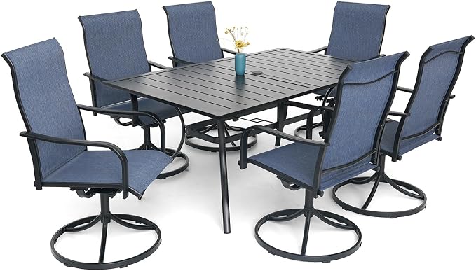 Anmutig 7-Piece Outdoor Dining Set, 6 Swivel Patio Chairs & 60''Rectangular Dining Table with All Weather Frame Furniture Set - Navy Style2
