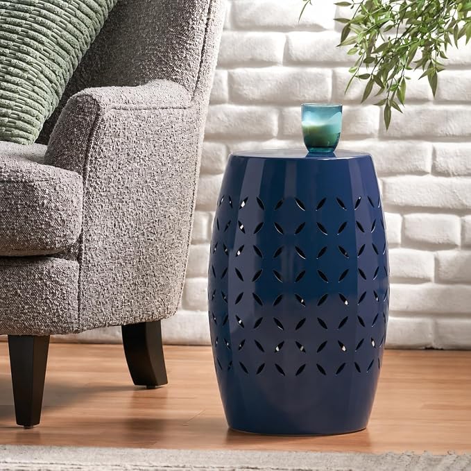 12" Outdoor Side Table, Decorative Cutout Metal Round Side Table, Multi Functional - Coffee Table, Night Stand, Plant Stand for Patio, Garden, Backyard, Gazebo Indoor (Navy)