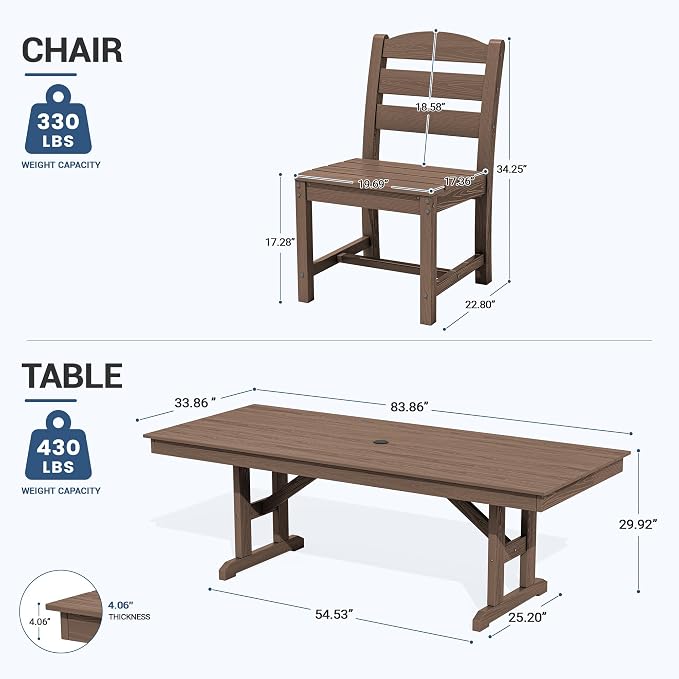 KINGYES Outdoor Dining Table,84 inch HDPE Rectangular Patio Table with Umbrella Hole，Waterproof Patio Furniture for Backyard,Brown