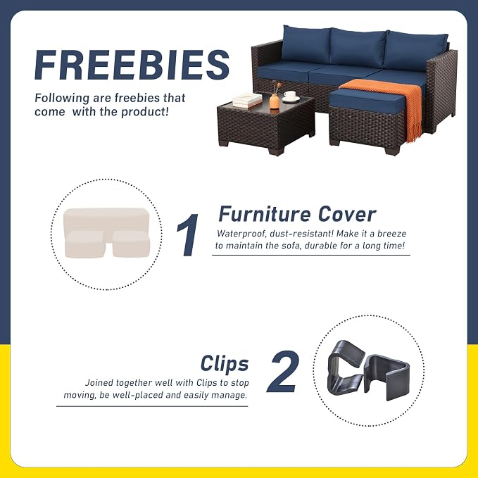Patio Furniture Set 3 Pieces Outdoor Sectional Sofa Set Wicker Patio Furniture Outdoor Couch Outdoor Ottoman Coffee Table with Glass All-weather Non-slip Cushions Waterproof Covers, Navy Blue
