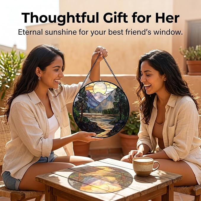 Birthday Gifts for Women - Sunset Mountain Landscape Faux Stained Glass Window Hanging Sun Catcher Mother's Day for Mom Nana Friend Grandma Wife and Door Garden Acrylic Decor 11.8"