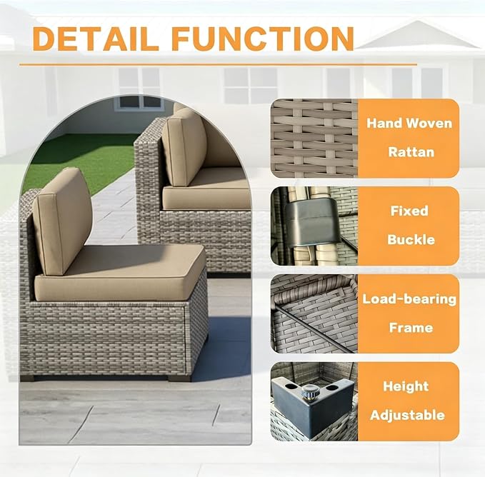 MOCHITO 5 Pcs Outdoor Patio Furniture Sets Grey Rattan Khaki Cushions | All-Weather Sectional Sofa, with Glass Table, PE Rattan Wicker Patio Furniture , Washable Cushions, for Balcony Porch Garden