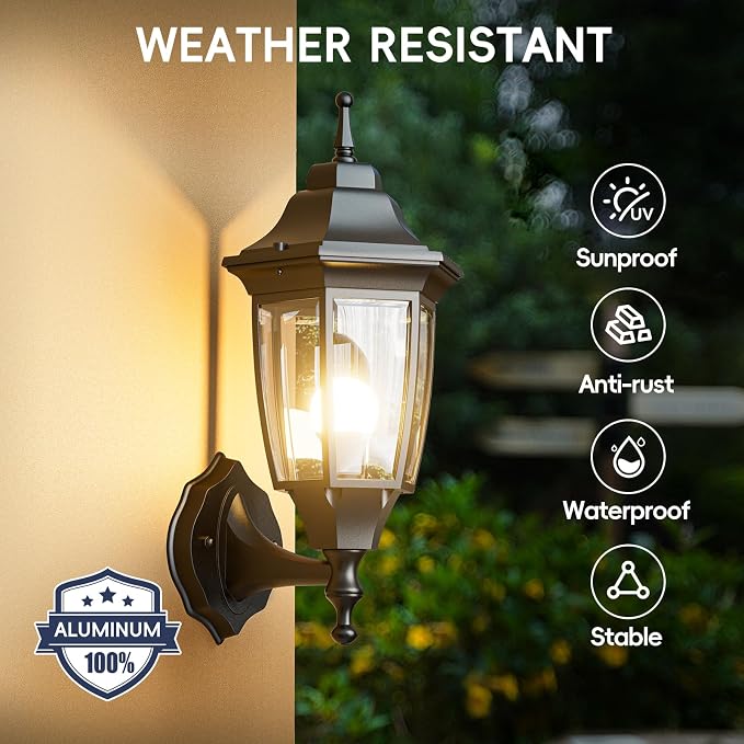 EMART Outdoor Front Porch Light with Bulb, Wall Lamp Fixture(1 Pack, Black) | Exterior Anti-Corrosion, Waterproof Aluminum & Glass Shades, Modern Sconce Lantern for Outside, House, Garage