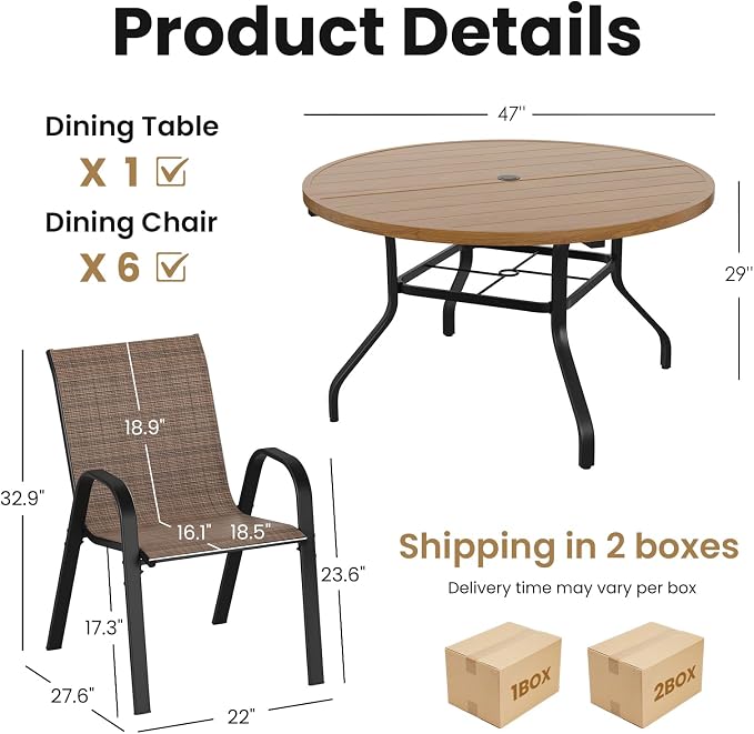 Soohow Patio Dining Set for 6, 7-piece Outdoor Dining Set 6 x Stackable Patio Chairs & 1 x Wood-Like Round Table with Umbrella Hole, All-Weather Outdoor Table and Chairs for Backyard, Balcony, Porch