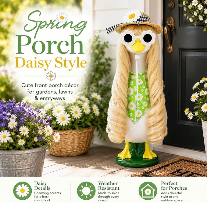 Summer Daisy Porch Goose Outfit 4 Pieces with Porch Goose Long Blonde Wig Daisy Floral Hat Bandana for Outdoor Decor for Lawn Goose Statues