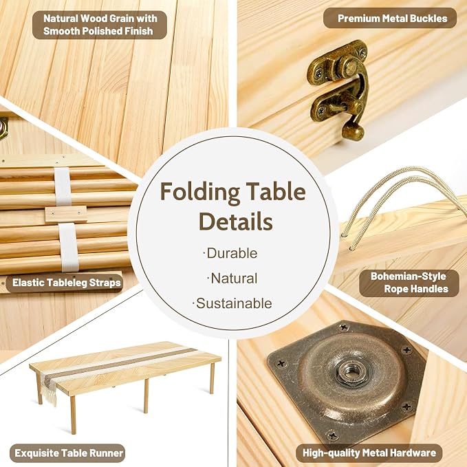 Folding Picnic Table with Table Runner, 60 * 30in Wooden Picnic Table for Outdoors, Boho Low Coffee Table for Sitting on The Floor, Suitable for Beach, Park, Garden, Camping, Travel(Natural)