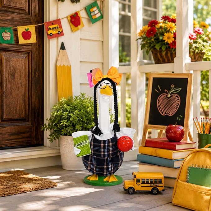 JcHrmers Teacher Porch Goose Outfits Back to School Goose Outfits Lawn Goose Clothes Fits 23" Cement Plastic Goose Statue for School Classroom Outdoor Garden Yard Patio Decor