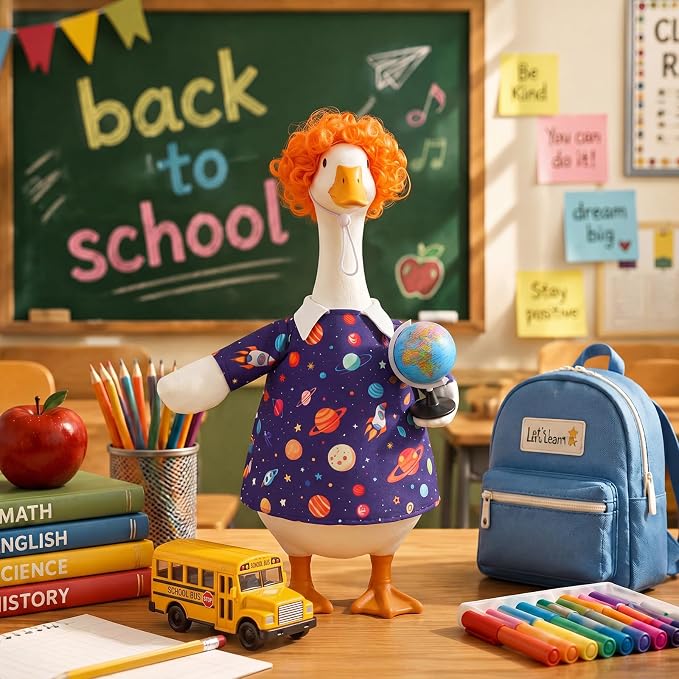 Outus Back to School Porch Goose Outfits Includes Galaxy Print Dress Orange Wig and Globe Prop First Day of School Classroom Goose Clothing for Outdoor Garden Yard Patio Lawn 23" Statue