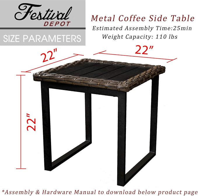 Festival Depot 22” Patio Side Table Metal Bistro Table with Wicker Edge and Slatted Steel Top All Weather Outdoor Furniture for Porch Deck (Square)