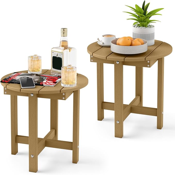 Tangkula Round Outdoor Side Table Set of 2, Adirondack Side Table with Weather-Resistant, Waterproof Top, Small Outside End Table for Patio Deck Pool Porch, Easy Maintenance (Brown,2)