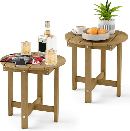 Tangkula Round Outdoor Side Table Set of 2, Adirondack Side Table with Weather-Resistant, Waterproof Top, Small Outside End Table for Patio Deck Pool Porch, Easy Maintenance (Brown,2)