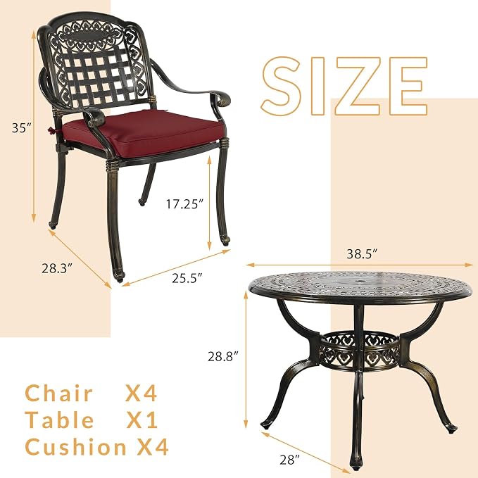 5-Piece Outdoor Patio Dining Set, All-Weather Cast Aluminum Patio Furniture Set for Backyard Garden Deck with 4 Chairs, 4 Cushions and 38.5" Round Table, 2" Umbrella Hole, Red