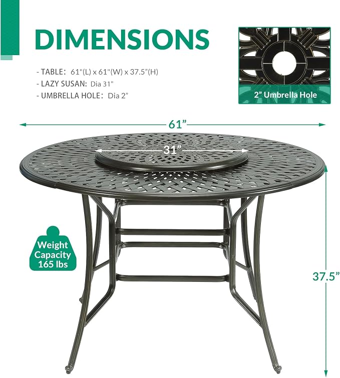 VIVIJASON 61" Patio Round Height Bar Table, All-Weather Cast Aluminum High Top Dining Table with 31" Lazy Susan & Umbrella Hole for Outdoor Balcony, Porch and Deck, Fits for 6-8 Person, Dark Bronze