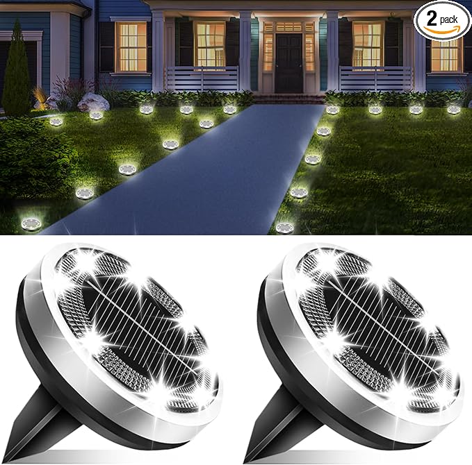 Solar Lights Outdoor Waterproof, 2 Pack 8 LED, Thickened Stainless Steel Ground Light, Solar Garden Lights Landscape Lighting for Patio Pathway Lawn Yard Deck Driveway Walkway, Cool White