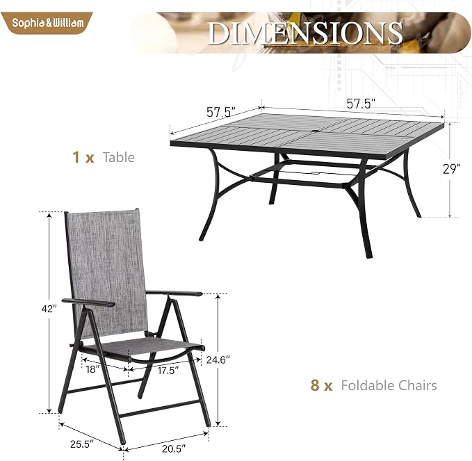 Sophia & William Patio Dining Set for 8, Metal Table & Grey Folding Chairs | Light-weight & space-saving, Breathable & quick-drying, 8 person, Umbrella Hole, Weather-Resistant, Adjustable, Outdoor
