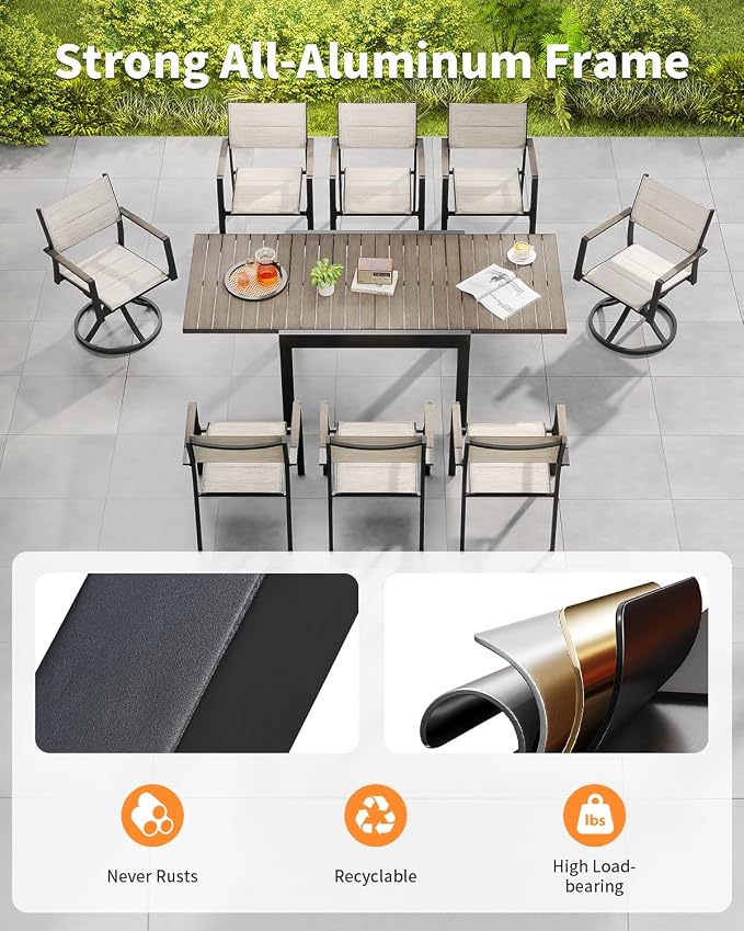 9 Pieces Expandable Outdoor Dining Set, Aluminum Patio Dining Set with 2 Swivel Chairs, Extendable Dining Table and 6 Double-Layer Textilene Stacking Dining Chairs for Deck, Lawn, Limed Oak