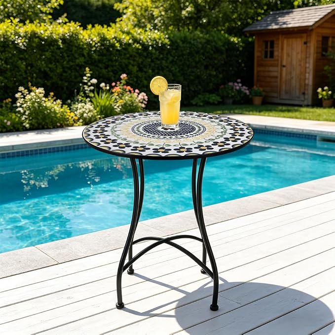 23.6" Outdoor Patio Mosaic Round Table Garden Bistro Accent Table | Ceramic Tile Waterptoof Side End Table Metal Frame Dining Table Furniture for Balcony Backyard Porch Poolside Terrace