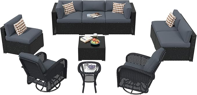 Aoxun Patio Furniture Set with Swivel Rocker Chairs, 10 Piece Outdoor Sectional Sofas, Wicker Rattan Outdoor Furniture with Thickened Cushion for Backyard, Garden Light Grey
