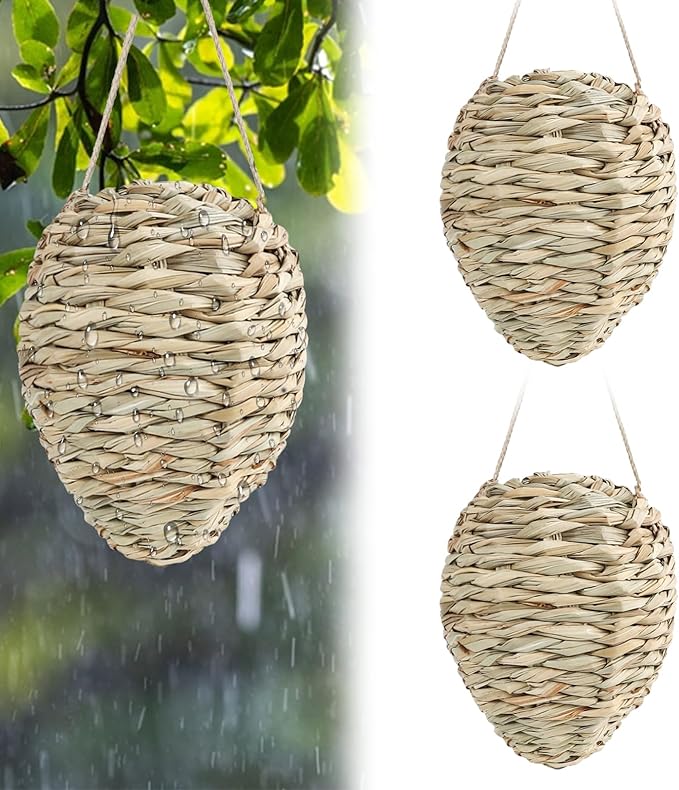 2 Pack Large Fake Wasp Nest Decoy, Woven Reed Wasp Hornet Decoys, Waterproof Faux Hornets Nest, Outdoor Hanging Decoration for Patio, Garden, Eaves