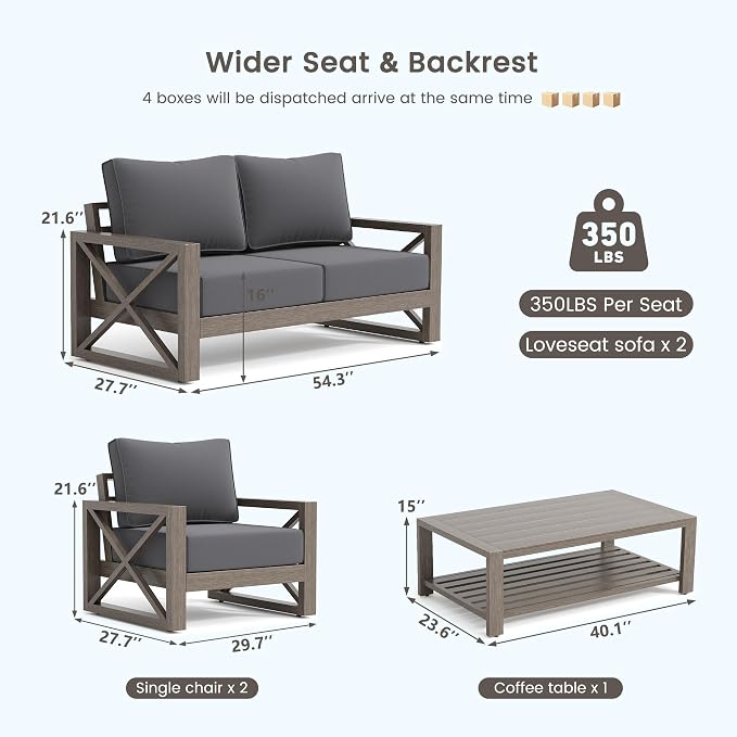 UDPATIO Aluminum Patio Furniture Set, Faux Wood Grain Modern Outdoor Furniture, 6" Cushions Metal Patio Conversation Sofa with Coffee Table for Poolside Deck, 5 PCS, Dark Grey(Include 600D Covers)