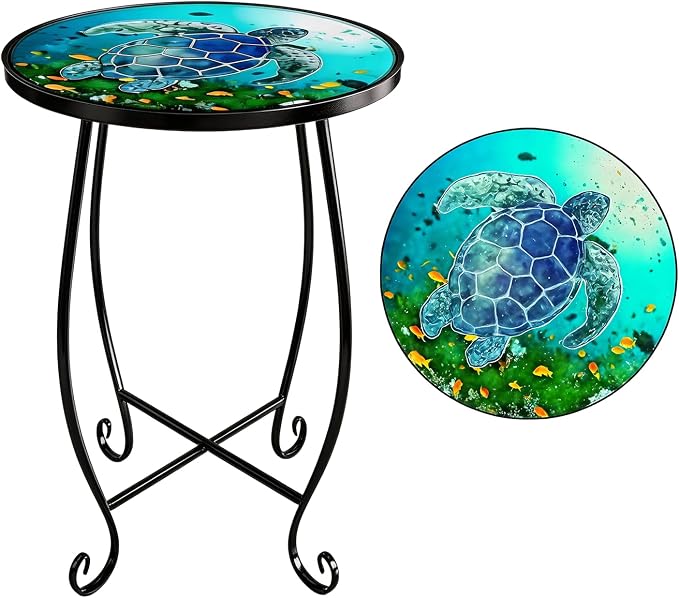 15 Inch Tall Outdoor Patio Table, Foldable Metal Turtle Table with Mosaic Design, Shatterproof Small Patio Table for Balcony Porch, Rust Resistant Mosaic Outdoor Side Table Style