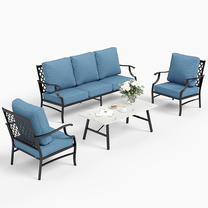 SUNSHINE VALLEY 4 Piece Metal Outdoor Patio Furniture Sets, Patio Conversation Sets 1 3-seater Sofa, 2 Fixed Chair with 5.75" Extra Thick Cushion and Coffee Table, Black Frame Backyard Furniture, Navy