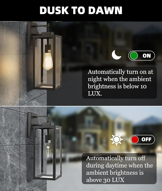 2 Pack Large Size Outdoor Wall Lights Dusk to Dawn, 18 Inch Wall Lantern Set for Two Photocell Wall Sconce for Porch Light, Exterior Garage Light, Patio Outdoor Lighting with Sensor