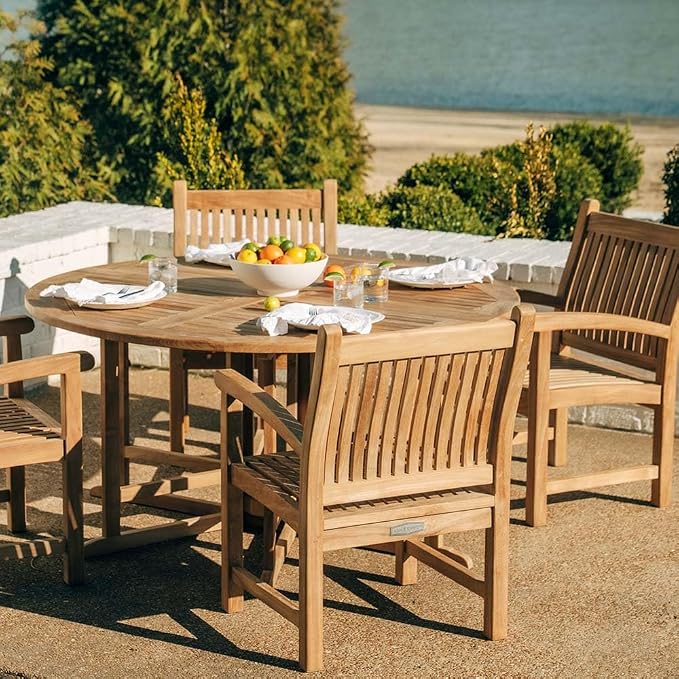 TITAN GREAT OUTDOORS Ash & Ember Luna Grade A Teak 59" Round Dining Table, Drop Leaf Design, Indoor Outdoor Patio or Porch Dining, Weather Resistant Solid Wood with Umbrella Hole