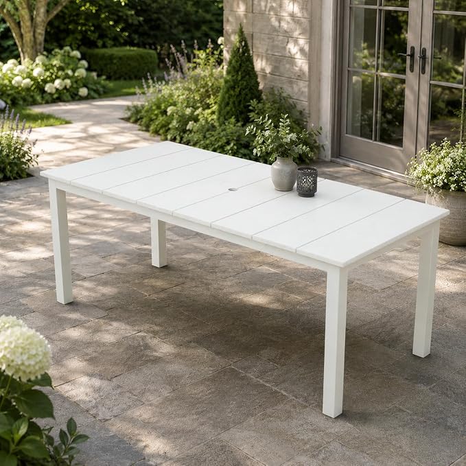 75.2" HDPE Outdoor Dining Table for 4-6 People, Rectangular Patio Dining Table with Umbrella Hole, All Weather Patio Dining Outdoor Table for Deck, Backyard and Garden, White