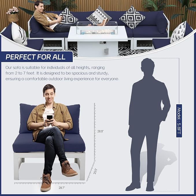 BULEXYARD 9 Pcs Oversized Contemporary Aluminum Patio Furniture Set, All Weather Modular Sectional Sofa with Tanning Chair & Fireplace, 500 lbs Heavy Duty Comfy Outdoor Couch for Beach Deck, Navy Blue