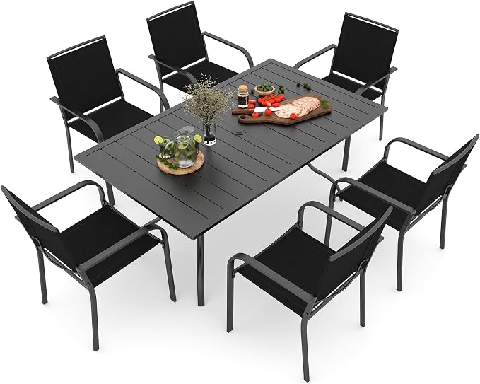Black Stackable Patio Chairs and 63x38" Rectangle Table Outoor Dining Set 7 | 6 Psc Stackable Chairs, Textilene Seat&Back, Metal Table, Slat Table Top, 6 Person Use, 1.57"-1.9" Umbrella Hole, All Weather