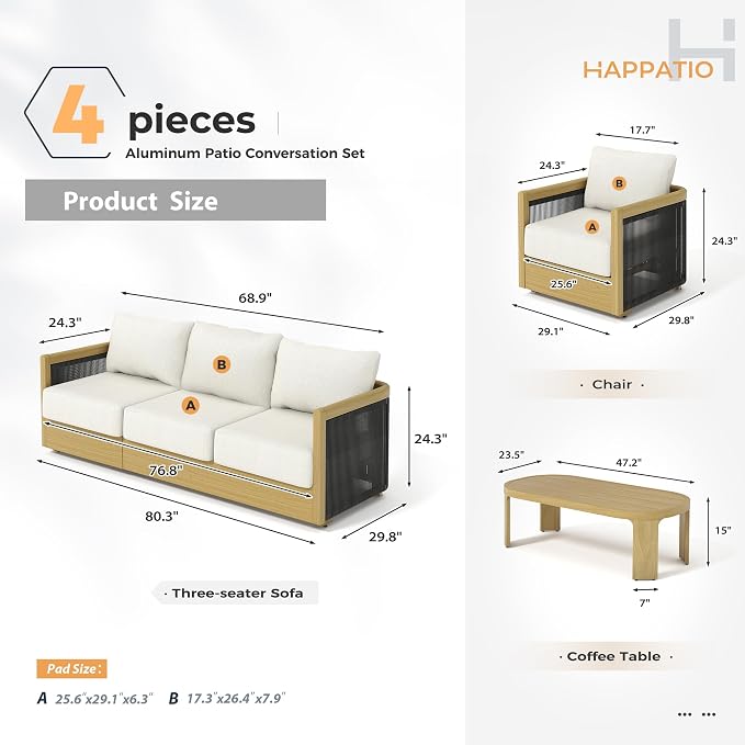 HAPPATIO Aluminum Patio Furniture Set, 3 Pieces Wood-Like Oversized 3-Seat Sofa Conversation Set with Thick Cushion, Curved Tub Design with Woven Rope Accents for Garden, Backyard, Poolside