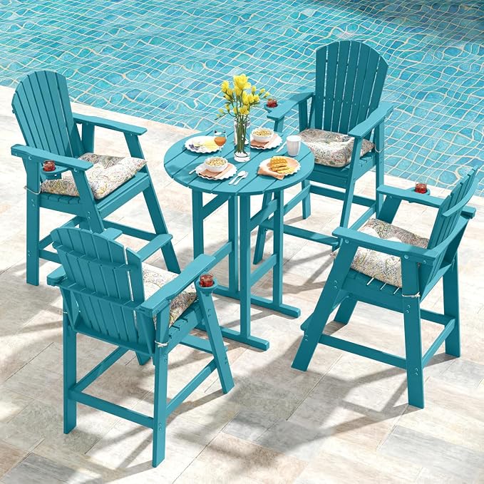 Sundale Outdoor Adirondack Round Bar Table, 39 Inch Height Patio Large Pub Table for 4, All Weather HDPE High Top Bistro Counter Tabl for Outside Deck Porch Balcony Poolside (Teal)