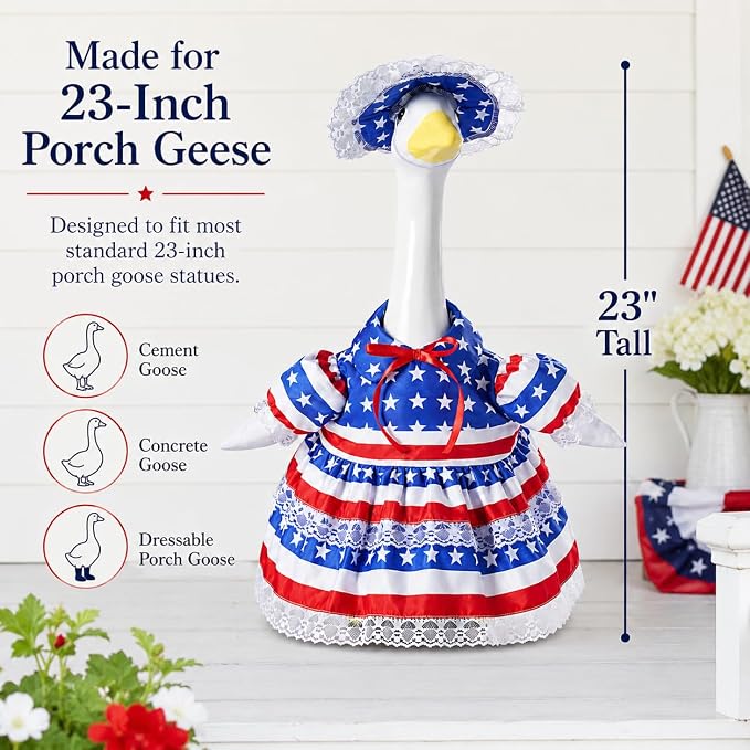 4th of July Porch Goose Outfit for 23 Inch Goose Statue, Patriotic Red White and Blue Porch Goose Dress with Lace Bonnet, Summer Sculpture Clothes for Independence Day Garden Patio Decor