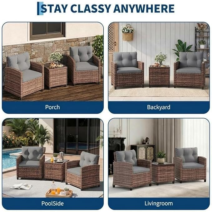 GarveeLife 3 Pieces Patio Furniture Set, PE Rattan Patio Conversation Set with Tempered Glass Tabletop, Outdoor Wicker Chairs and Table Set for Patio Balcony Garden, Brown and Grey