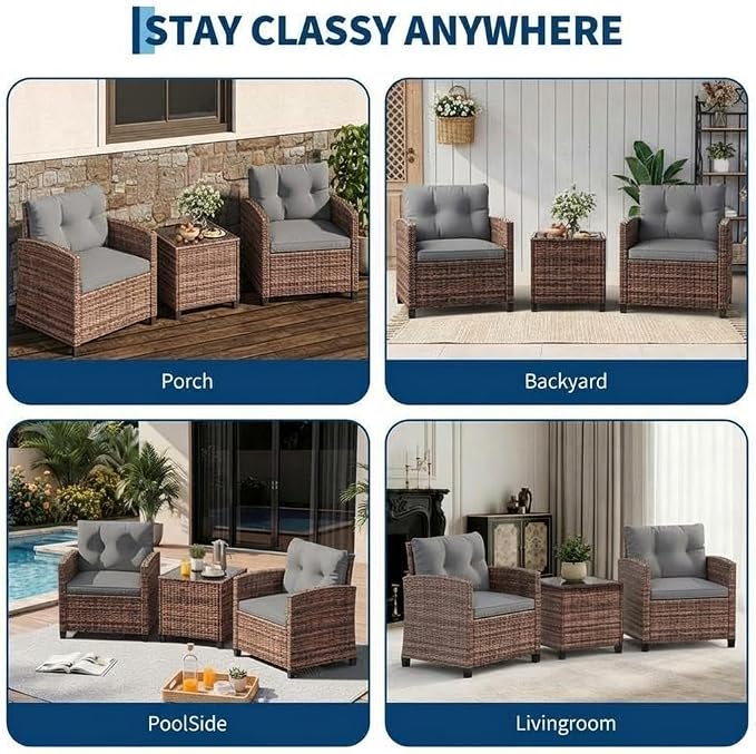 Garvee 3 Piece PE Rattan Patio Furniture Set, Outdoor Chairs and Table Set with Tempered Glass Tabletop and Cushions, Patio Conversation Set for Patio, Balcony, Poolside, Brown and Grey