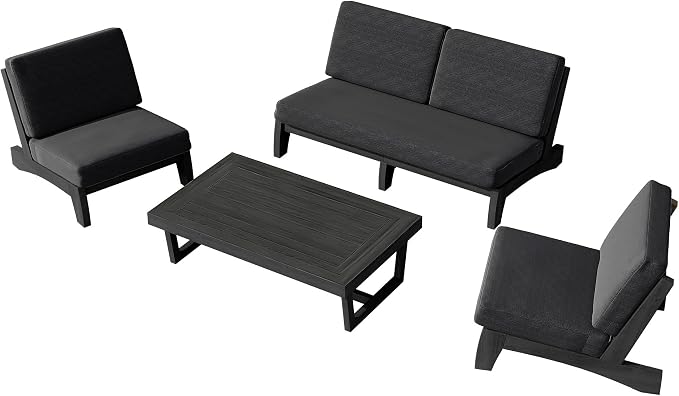 4 Piece Teak Outdoor Patio Frutnire Set, 5 Seater Patio Conversation Sets with Thick Cushions, Outdoor Sectional Furniture with Coffee Table - Dark Gray