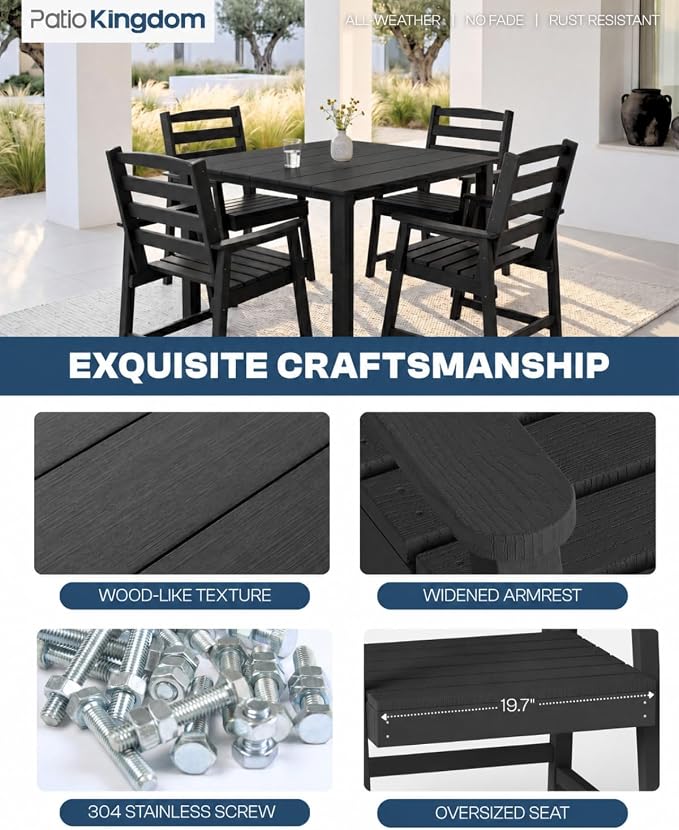 HDPE Outdoor Dining Set for 4 with 10FT Umbrella, Black | All-Weather HDPE, Wood Grain Finish, 42.5" Square Table, Built-In Umbrella Hole, Seats 4, Patio & Poolside Ready